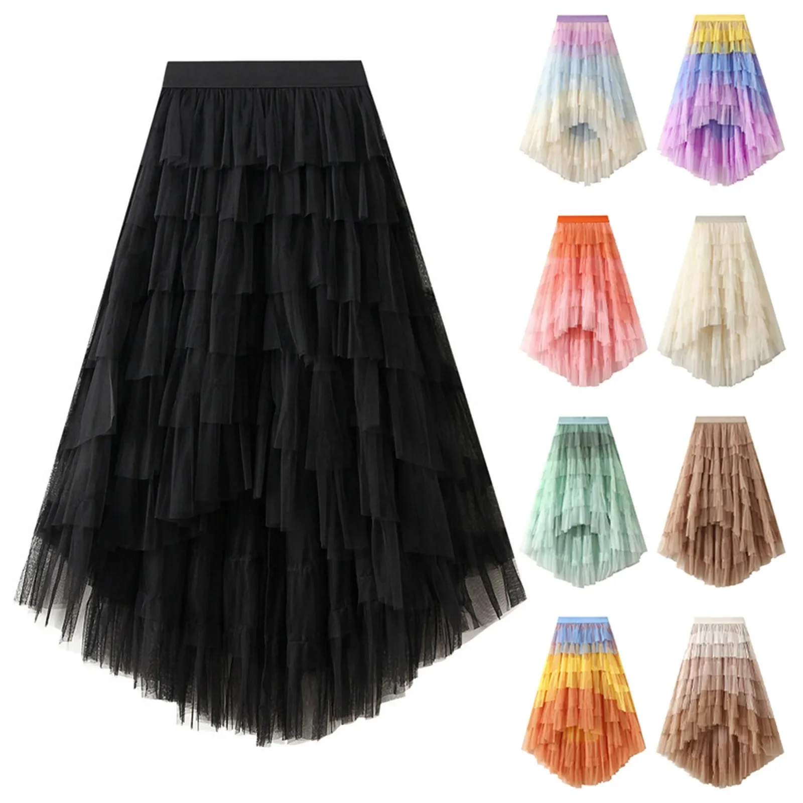 Women's Tulle Skirt Ruffle Multilayer Mesh A Line Tier Tutu Prom Irregular High Waisted Gradient Rainbow TulleLong Skirt 1379