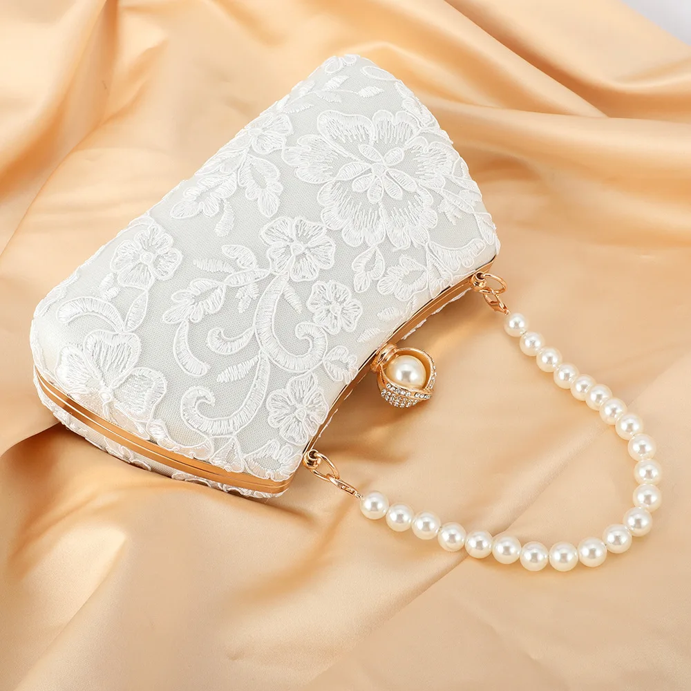 Retro Lace Flower White Evening Bags Wedding Party Bridal Small Clutches For Womens Chain Sholder Bag Crossbody Prom Handbags