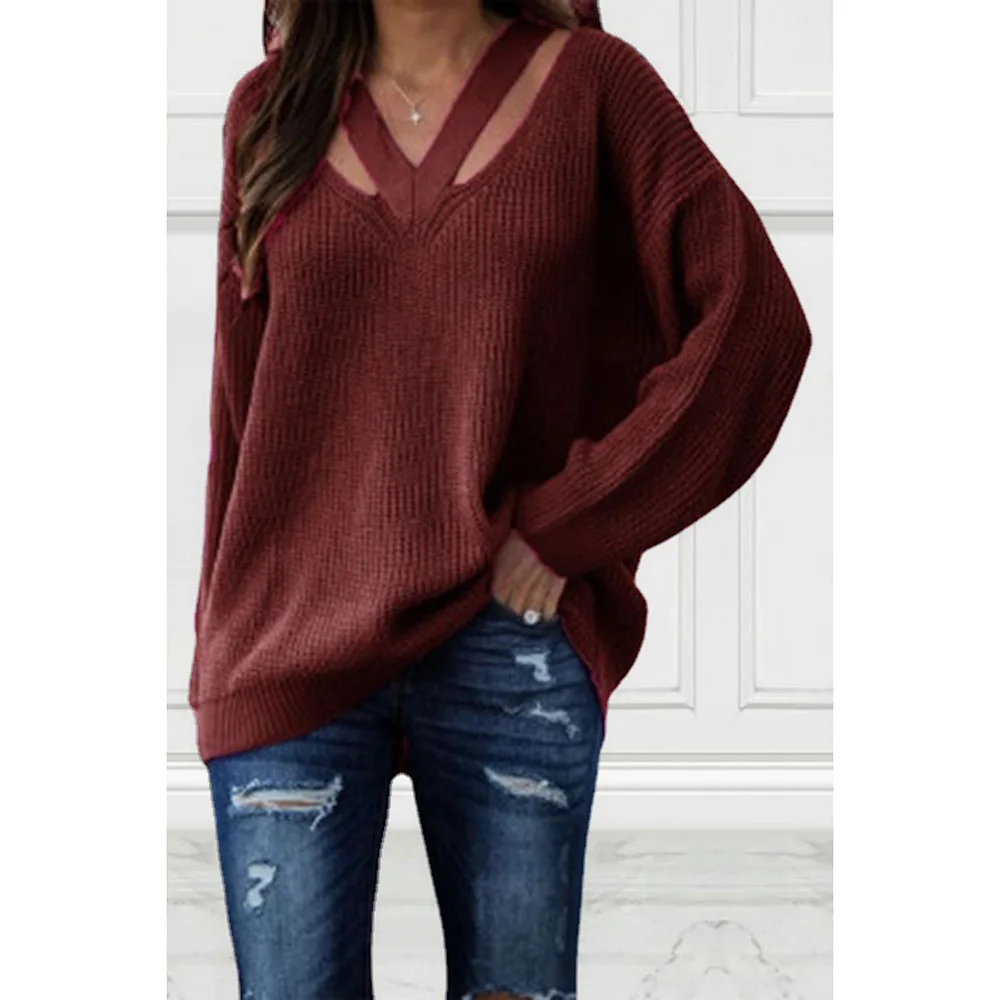 Plus Size Casual Sweater V Neck Loose Long Sleeve Solid Color Sweater