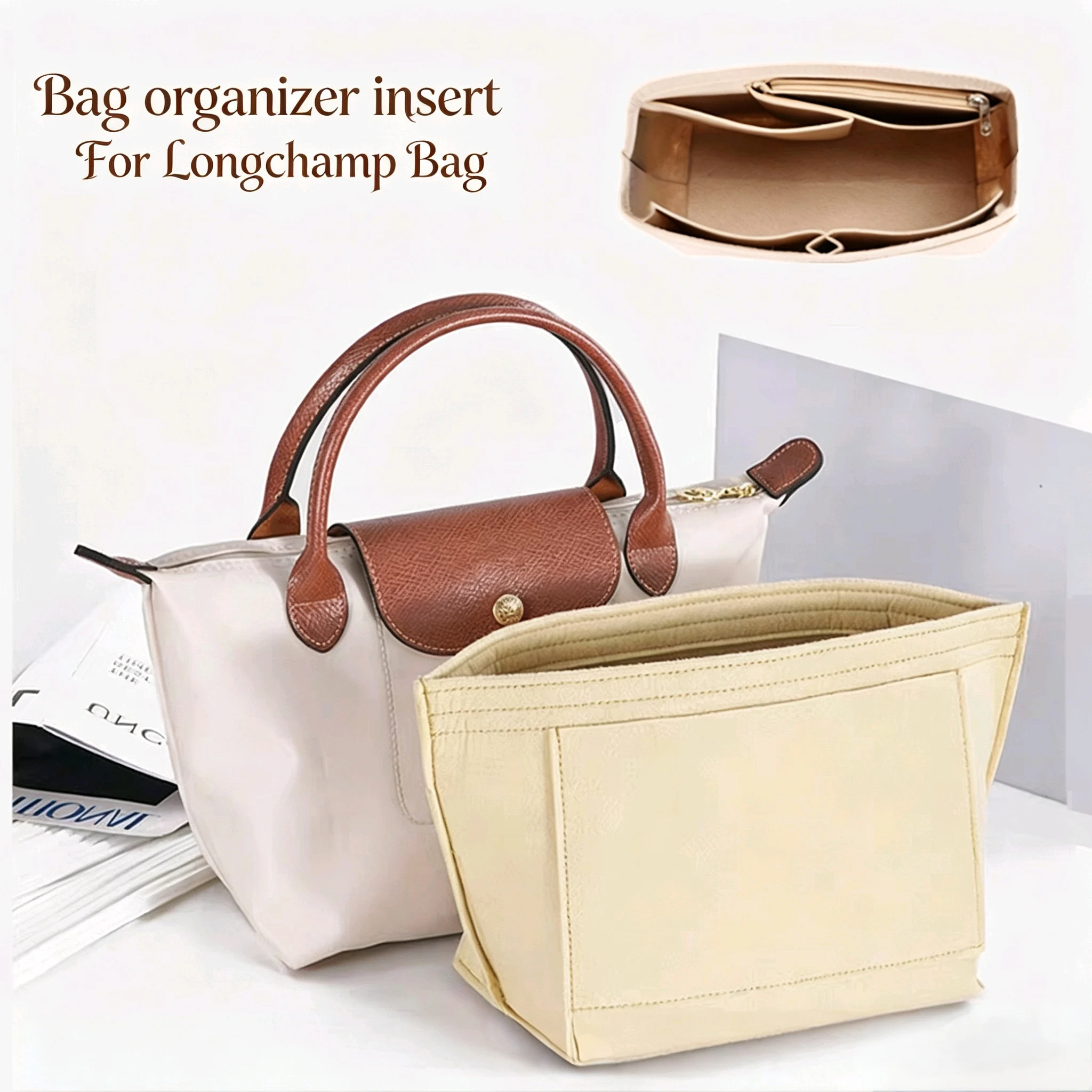 Felt Insert Bag Fits For Longchamp Handbag Liner Bag Felt Cloth Makeup Bag Support Travel Portable Insert Purse Organizer