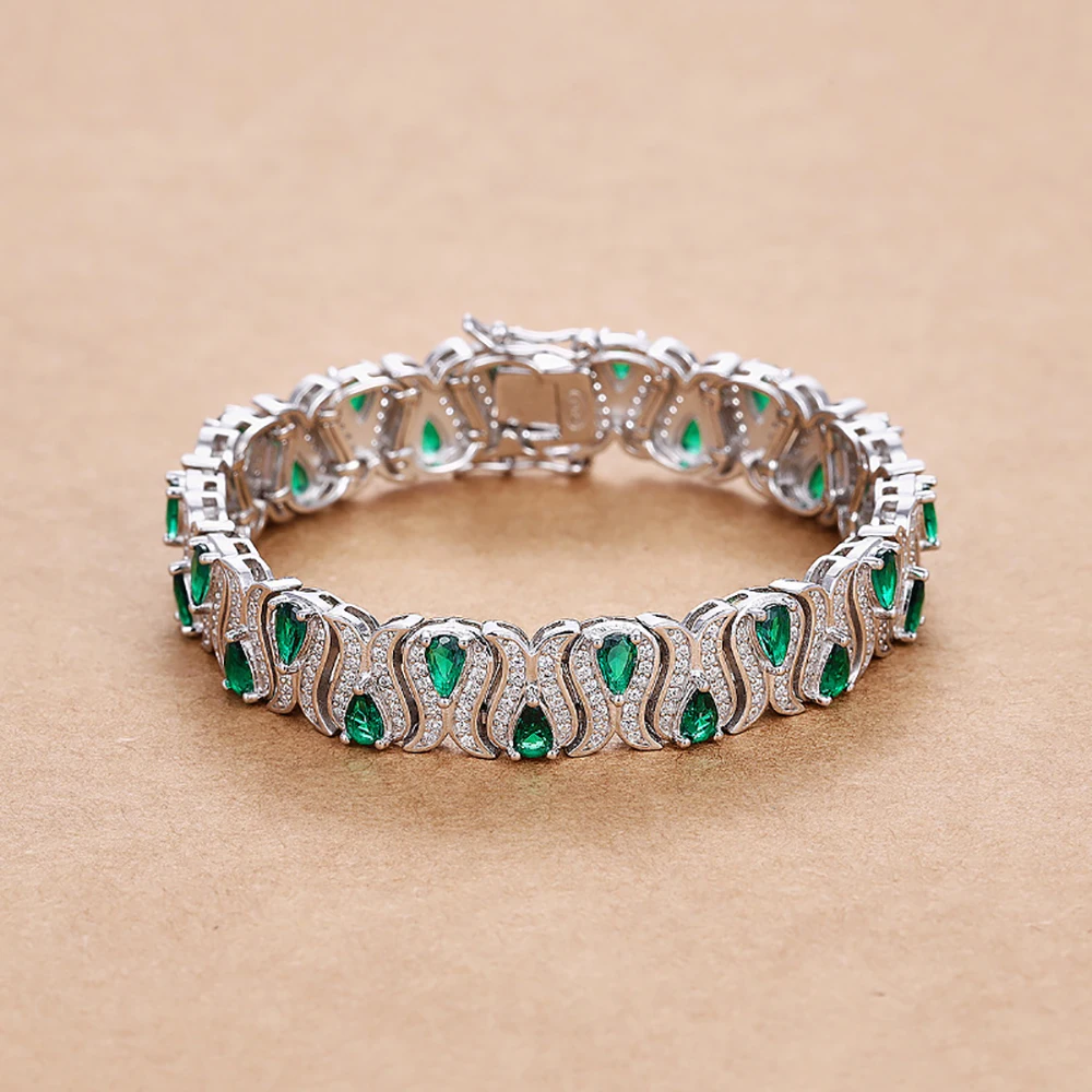 TEMGF 3*5mm Cultivated Emerald/Ruby Gem Bracelet for Women S925 Silver Tulip Design Bangle Party Sparkling Luxury Jewelry Gifts