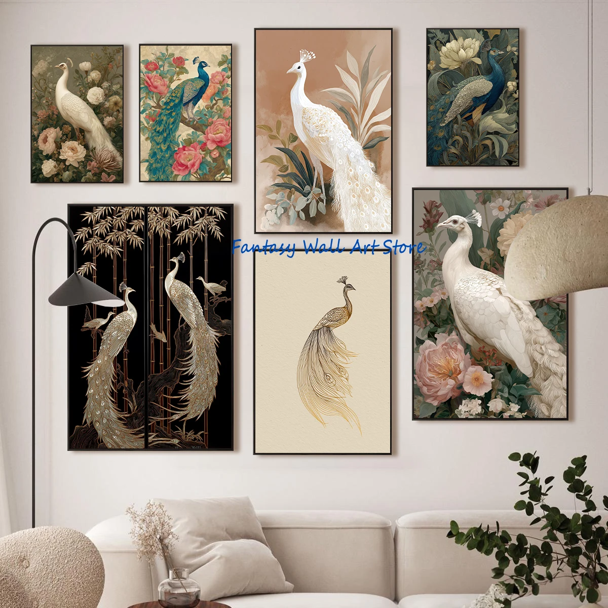 Chinoiserie Peacock Vintage Asian Floral Bird Golden Peacock Elegant Luxury Poster Botanical Bird Canvas Painting Wall Pictures