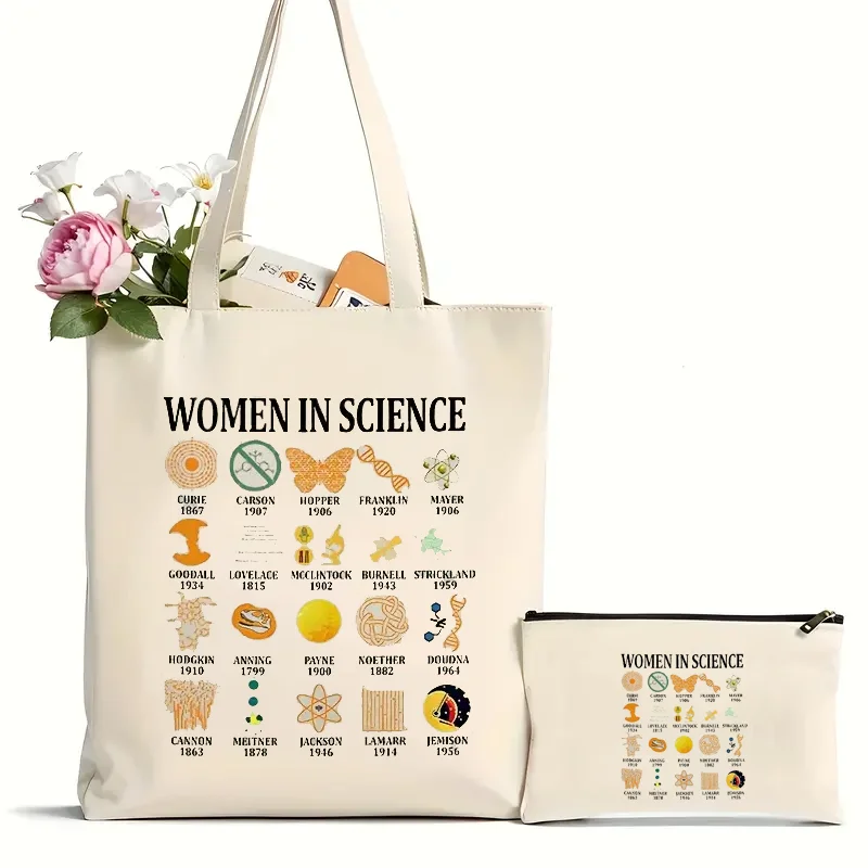 2Pcs Women In Science Pattern Tote Bag, Fashion Canvas Shoulder Bag, Large Capacity Handbag For School, Travel, Shopping