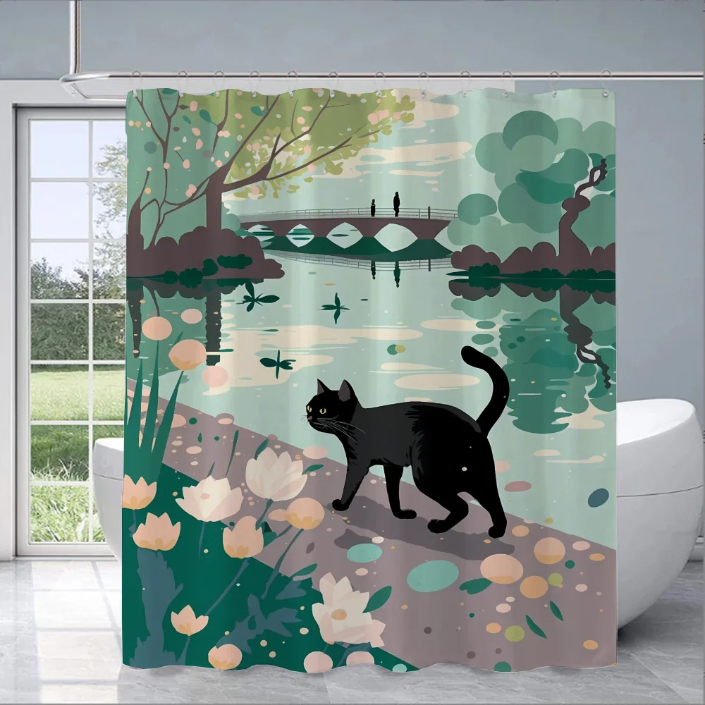 Black Cat Shower Curtains for Bathroom Showers Bath Folding Partition Curtain Accessories Bedrooms Waterproof Fabric Things the