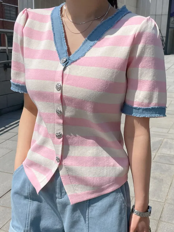 

Korean Style Slim Fit V-Neck Knitted T-Shirt Short Sleeve Striped Denim Patchwork Light Weight Summer Top for Women