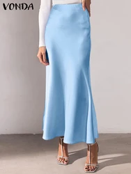 VONDA 2024 Summer Elegant Women Long Skirts Satin Silk Fashion Bottoms Solid Pleated Loose High Waist Ruffled Maxi Party Skirts