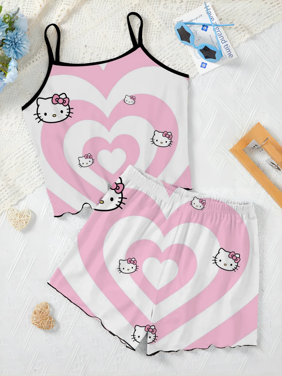 Elegant Women's Sets Hello Kitty Home Dress Lettuce Trim Pajama Skirt Top T-shirt Trouser Suits Pieces Short Suit Slip Dress Top