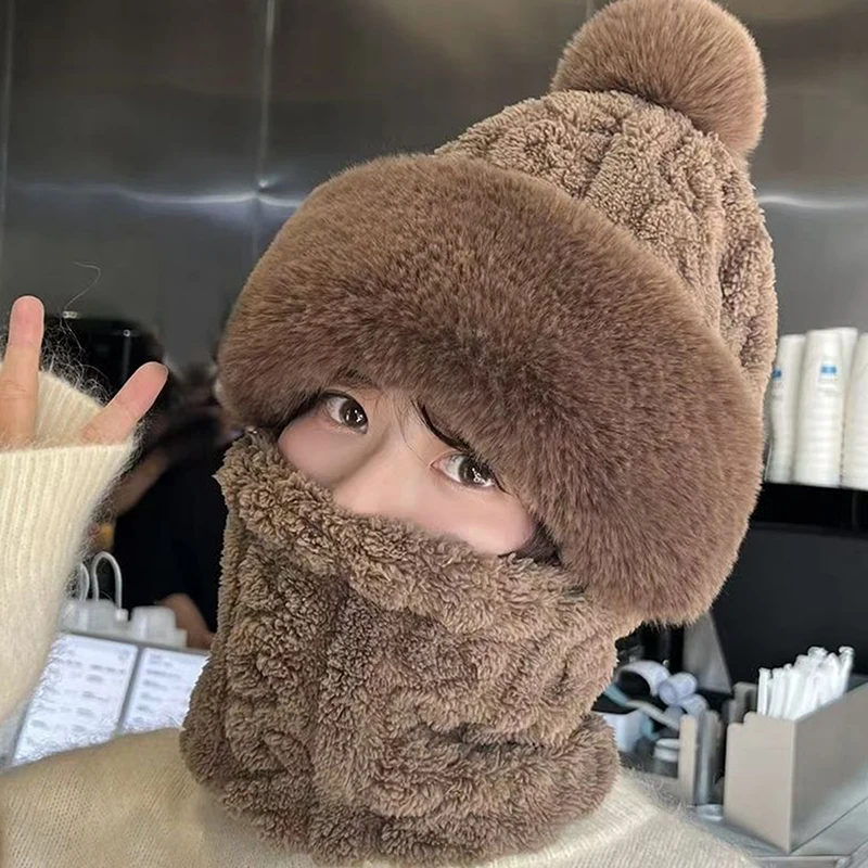 Fashion Plush Velvet Hat Scarf Mask Set Winter Warm Hat Neck Warmer Outdoor Cycling Windproof Warmer Scarf Hat Ear Protection image 2
