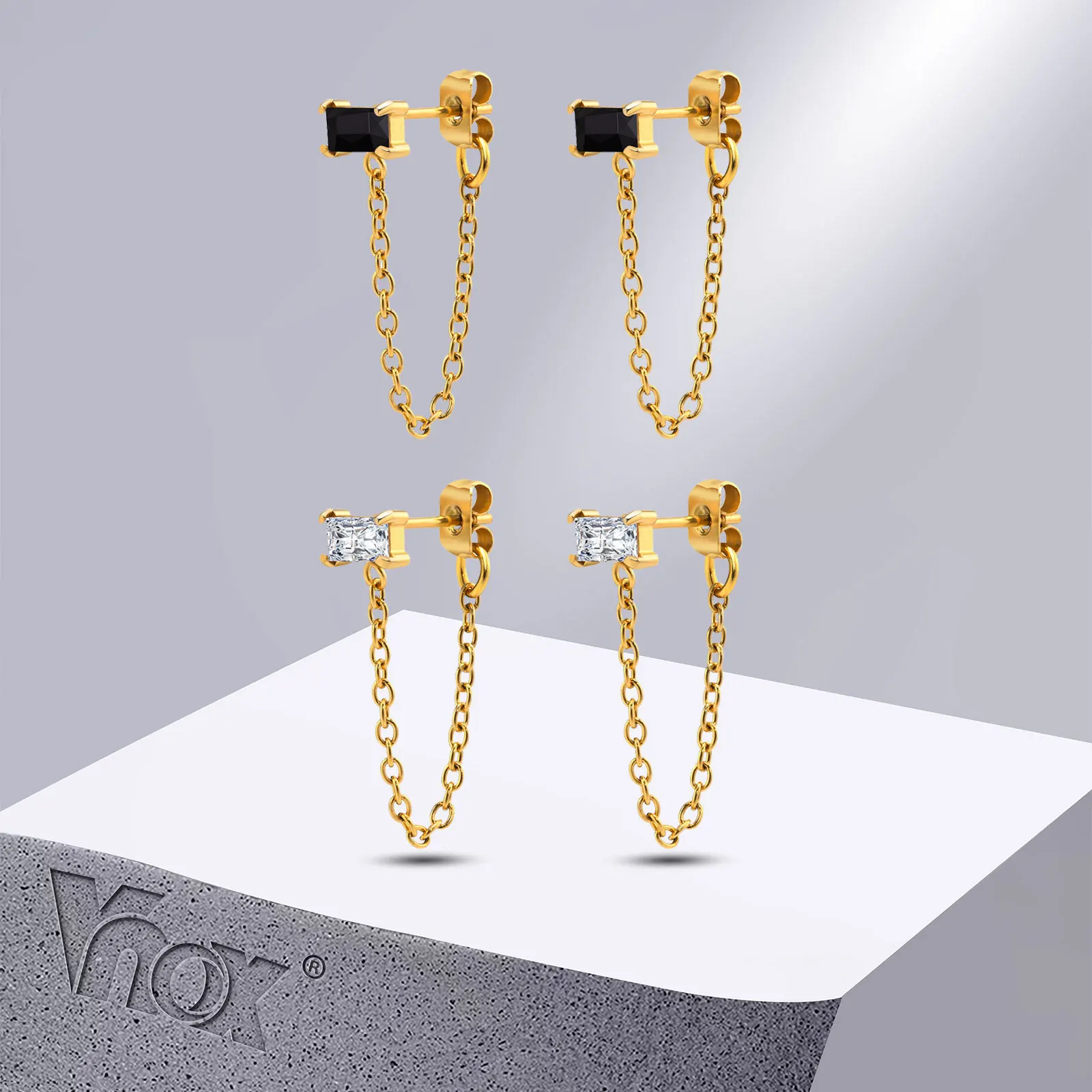 

Vnox Trendy Chain Earrings for Women Jewelry, Gold Color Stainless Steel Dangle Earrings with White Black CZ Stone Accessory