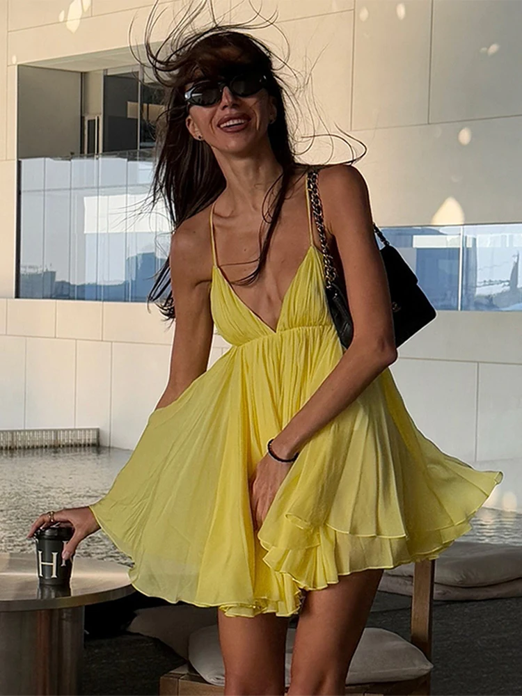 

Sexy Solid Pleated Backless Lace Up Mini Dress Women Fashionable Sleeveless V-neck High Waist Dresses Female Summer Chic Casual