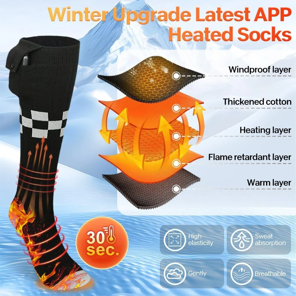 New APP Control Heated Socks 5000mah Battery Electric Heated Skiing Socks Winter Thermal Heated Foot Warmer Sport Socks