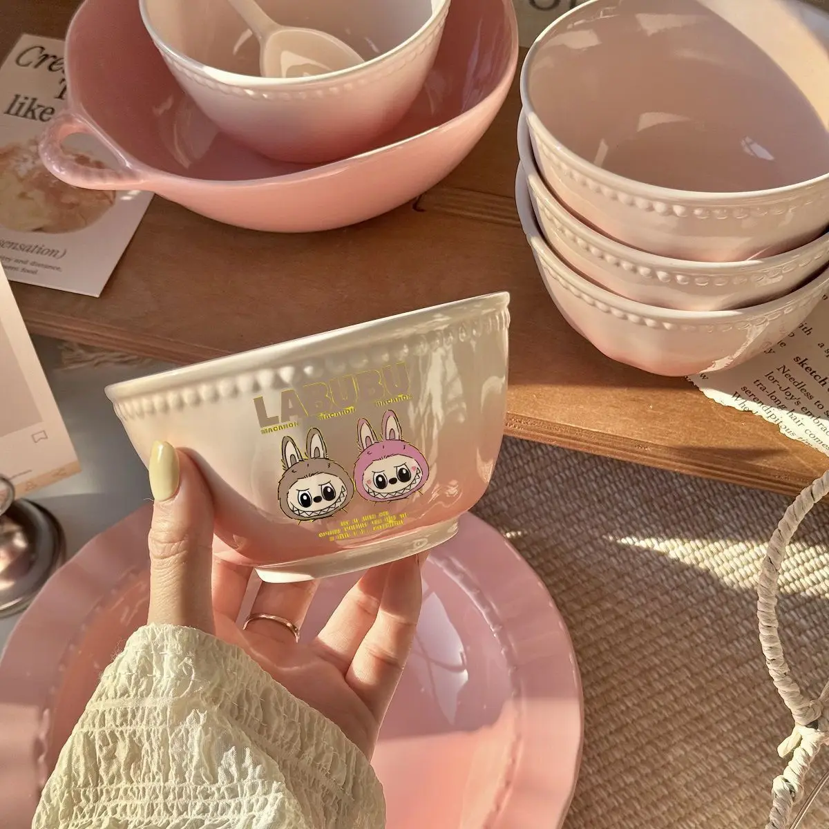 Cuenco de cerámica con gradiente de Labubu de Anime Kawaii