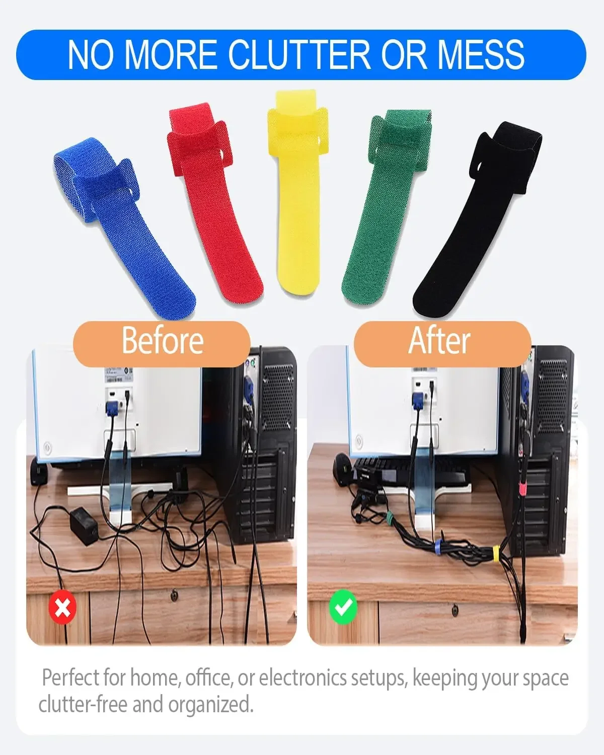 100pc Cable Ties Reusable - Multi-Purpose Reusable Hook and Loop Cable Organizer for Home, Office, Travel, Garage, and Gardening