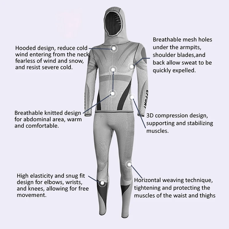 Men Hooded Quick Drying Ski Underwear Set Outdoor Sports Cycling Breathable Sweat Wicking Warm Tight Compression Tracksuit