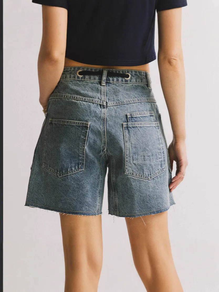 Women Drawstring High Waist Denim Shorts, Raw Hem Patch Pocket Loose Fit Casual Jean Shorts Vintage