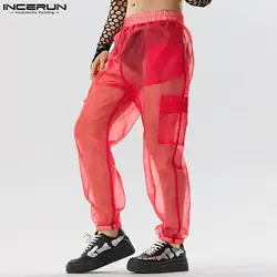 INCERUN-pantalones de malla transparente para hombre, pantalón Sexy de cintura elástica, holgado, con bolsillos, ropa de calle, S-5XL, 2023