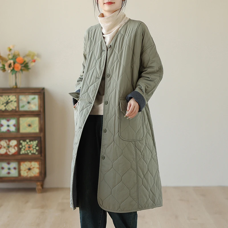 New Fashion Autumn Winter V-Neck Solid Plaid Buttons Casual Loose Long Jackets Elegant Women Coats Clothes Ladies‘ Outwear