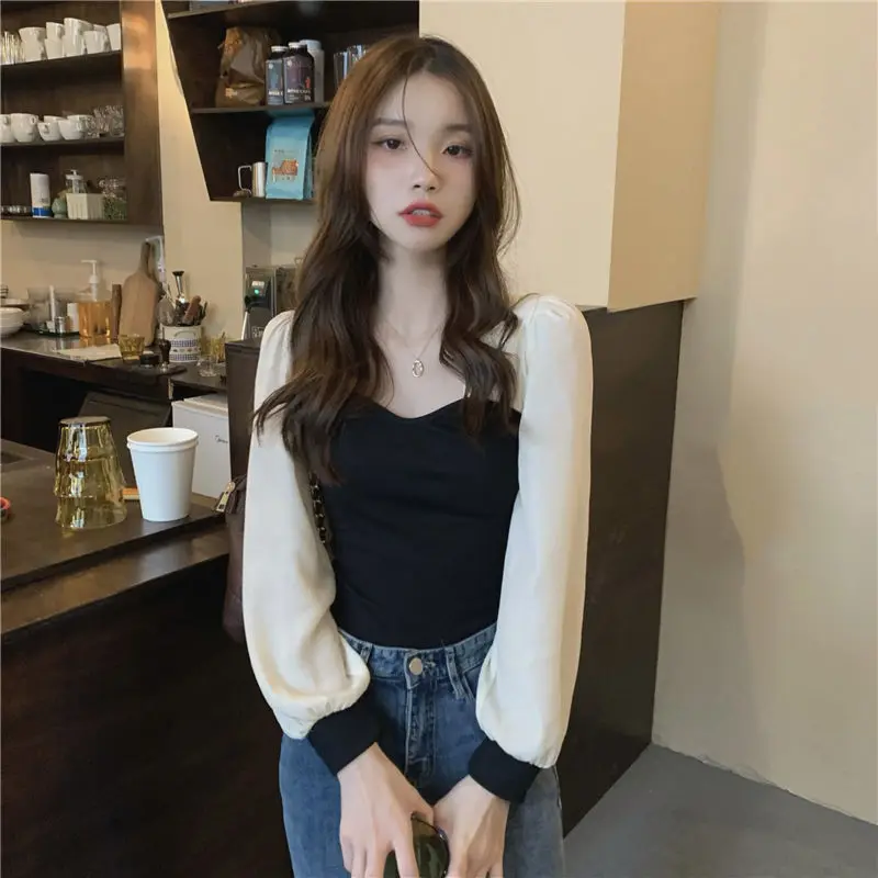 Ladies Fashion Patchwork Square Collar Lantern Sleeve Pullovers Autumn Elegant Knitting Pullover Bottoming Shirt Women Clothes