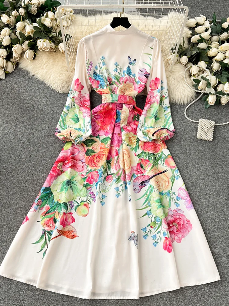 Holiday Elegant Vintage Floral Print Long Dresses For Women Stand Collar Front Buttoned Long Sleeve Party Maxi Dress With Belt