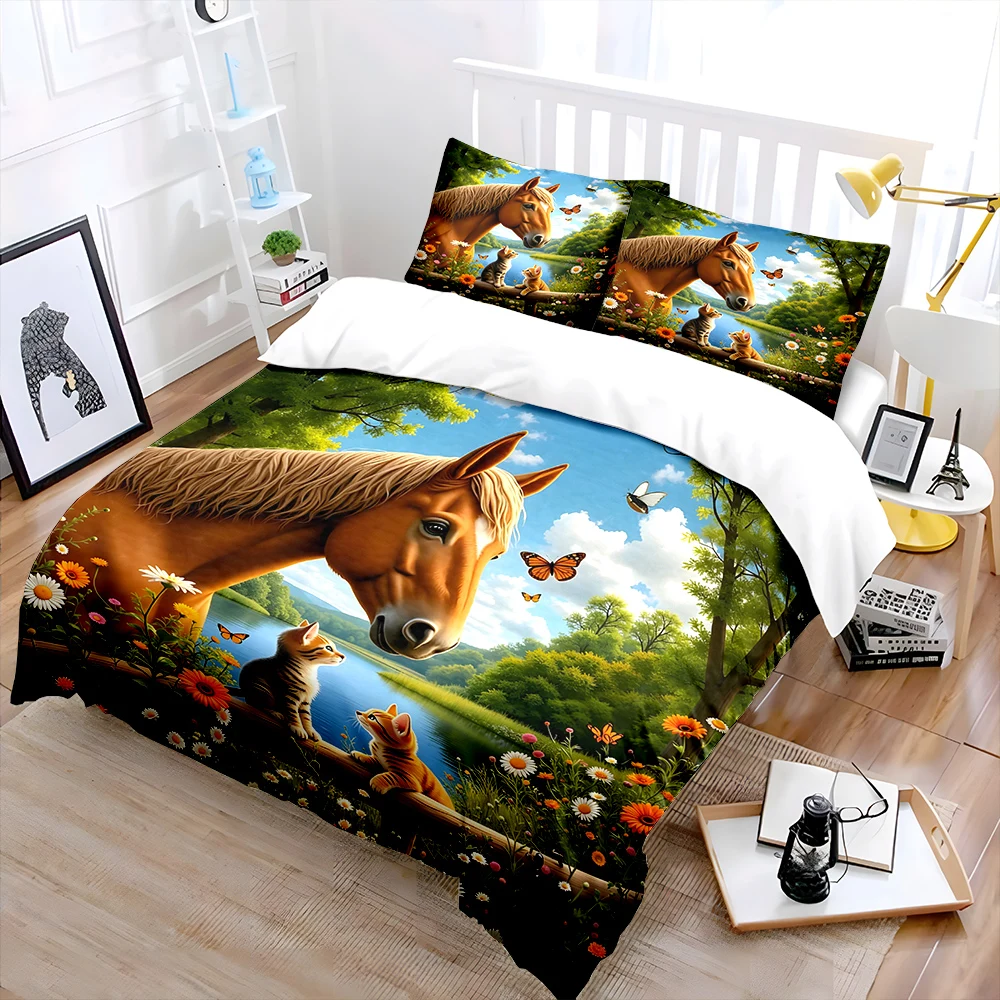 Horse and kittens in forest Print Soft Comfortable Duvet Cover Bedding Set Included 1*Duvet Cover  2*Pillowcases Luxury gifts