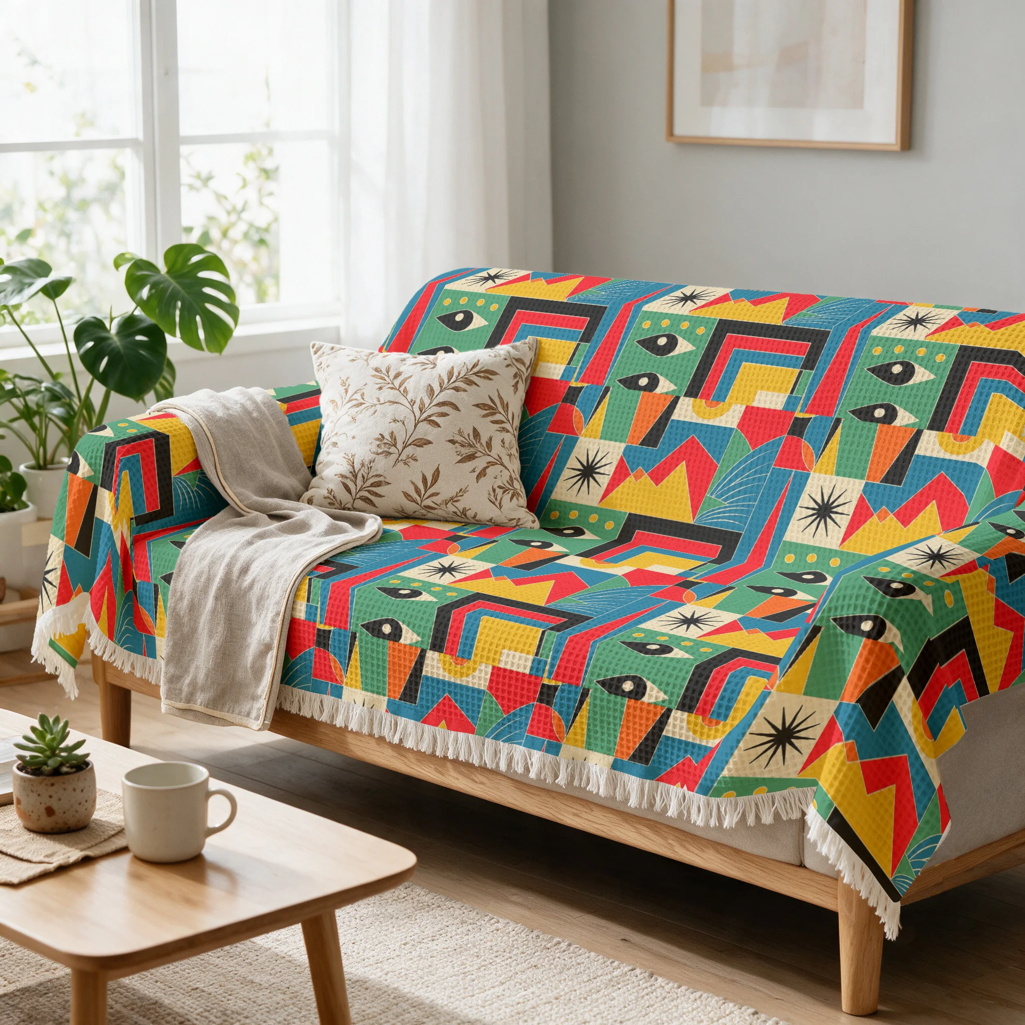 Bright Colorful Geometric Pattern Throw Blanket Sofa Couch Cover Boho Throw Decor for Living Room Home Seating Textiles