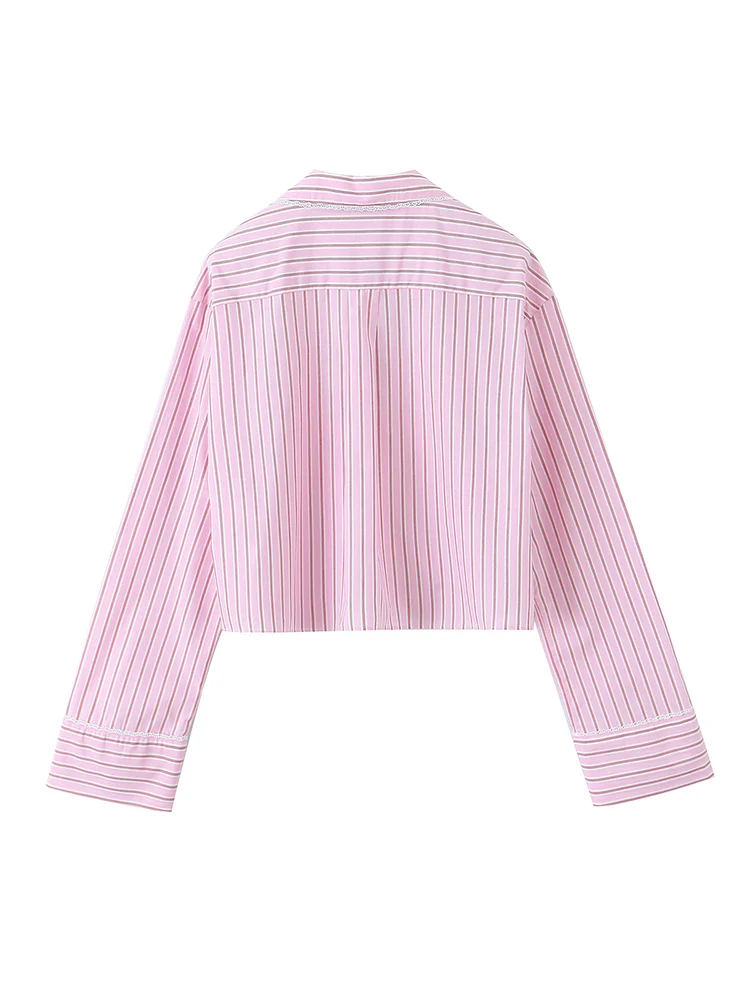 KUCLUT Damesmode met zak Roze gestreepte blouse met enkele rij knopen Vintage revershals met lange mouwen Vrouwelijke chique damesoverhemden