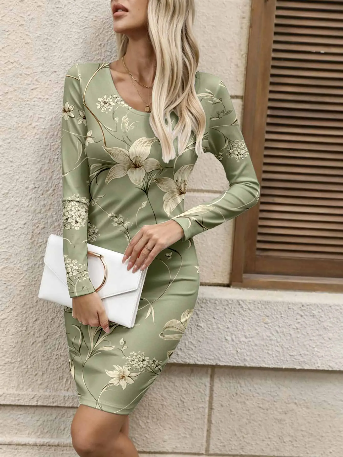 Fashionable long sleeved slim fit dress with simple cut for women's dating, commuting, fashionable temperament dress