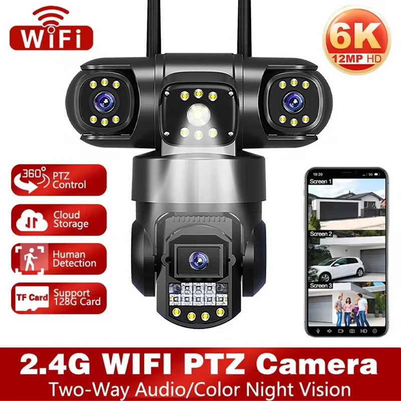 

4G/WiFi IP Camera Outdoor 12MP 6K Triple Lenses Triple Screens Security Video Monitor Night Vision Waterproof CCTV Cameras