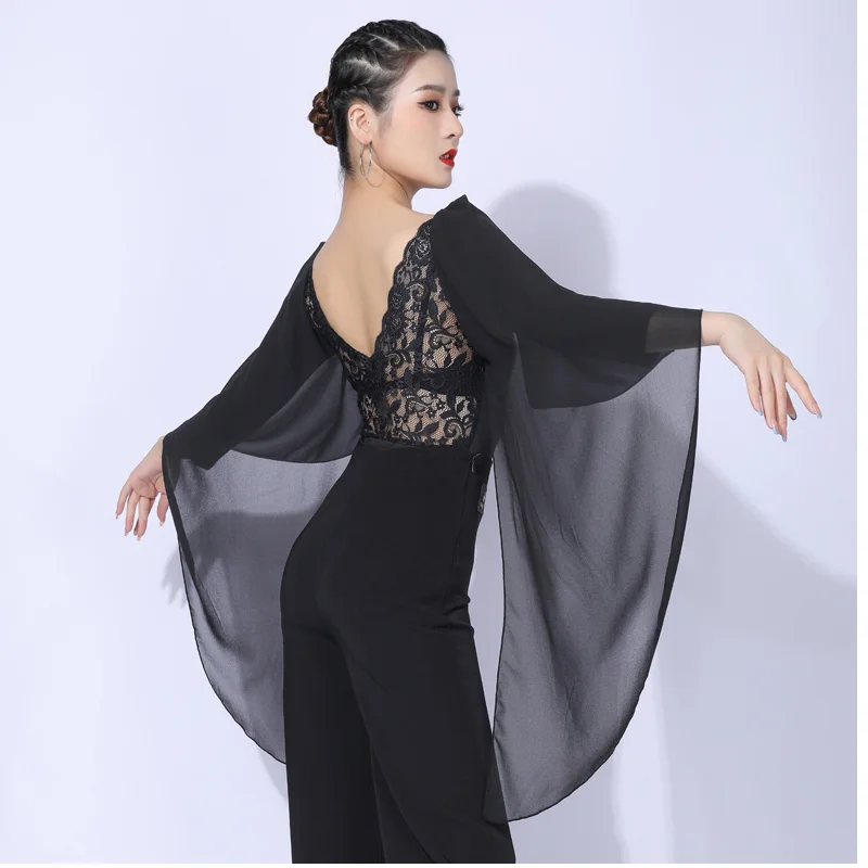 Sexy Lace Stitching Ballroom Dance Tops Black Mesh Sleeve Bodysuit Tango Dancing Performance Costume Waltz Dancewear