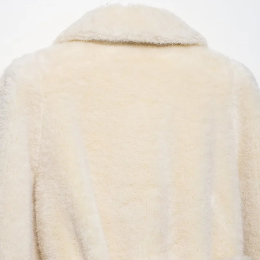 Jaqueta solta de pele feminina com lapela bolso de manga comprida e cinto outono e inverno nova jaqueta quente