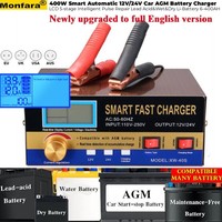 400W Smart Automatic 12V/24V Car AGM Battery Charger LCD 5-Stage Intelligent Pulse Repair Lead Acid&Wet&Dry Li-Battery 6-400AH