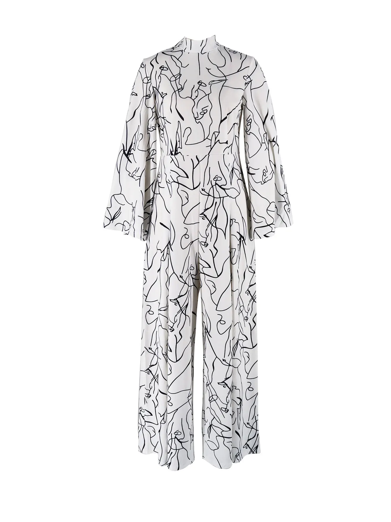 أزياء طباعة بذلة المرأة عالية الرقبة ربطة القوس فيونكة طويلة الأكمام واسعة الساق قطعة واحدة أنيقة فضفاضة تناسب شيك عارضة الزي