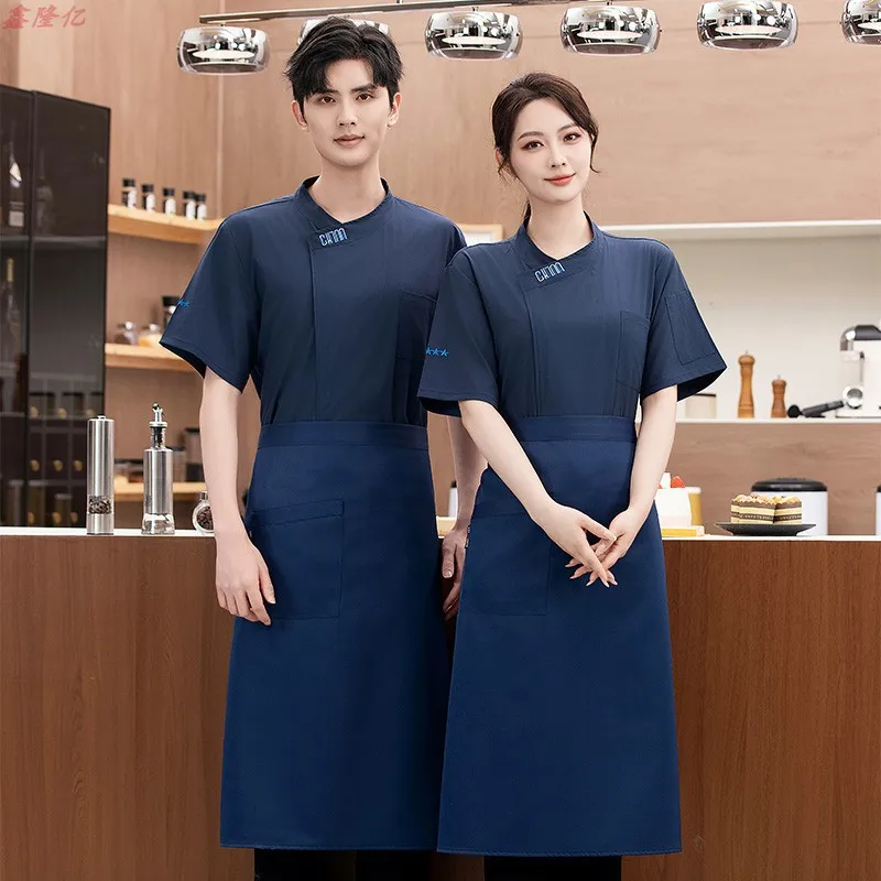 夏非対称ネック半袖シェフジャケットケータリングホテルレストランキッチン作業服夏ベーキングシェフペストリーシェフ Un