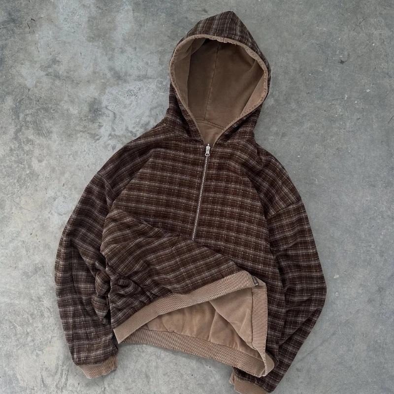 Grenzüberschreitender, trendiger, lässiger, karierter, wendbarer, gewaschener Cardigan-Hoodie-Pullover im amerikanischen Stil für Herbst und Winter