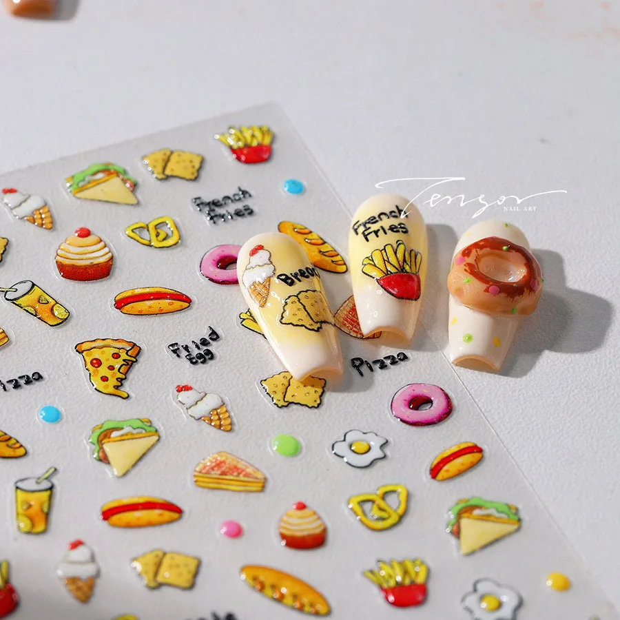 French Fries Pizza Sandwich Cake Donuts 3D Jelly Self Adhesive Nail Art Stickers Cute Dessert Ice Cream Cookies Manicure Decals