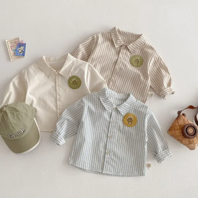 

Children's Fashion Shirt 2025 New Spring Boys' Striped Lapel Shirt Korean Embroidery Baby Long Sleeve Tops 0-5T Kid's Clothing