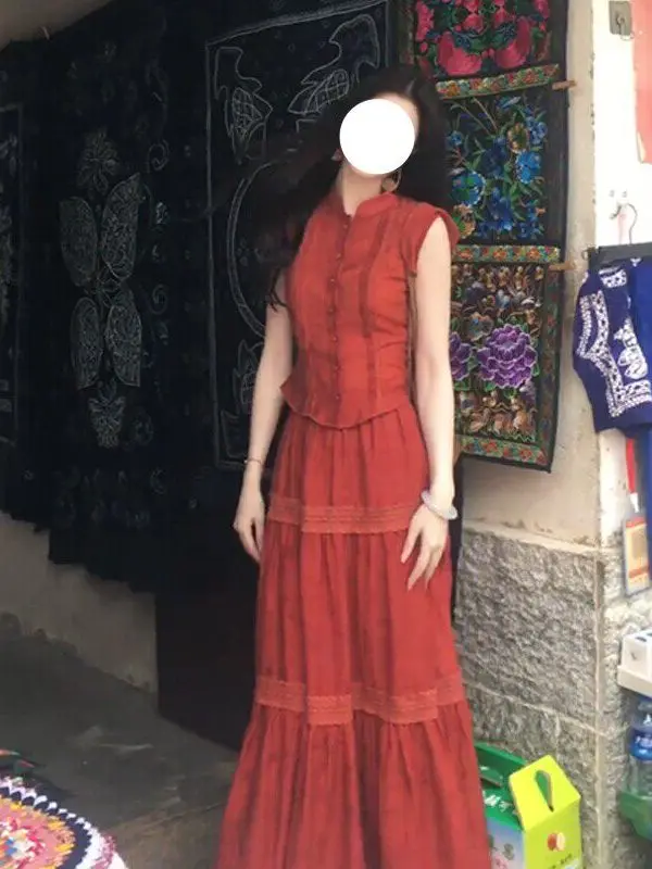 

Ретро-комплект: красный флисовый топ с рукавами и юбка-полусолнце для женщин, летний, новый, красивый, праздничный стиль, дышащий полиэстер, высокая талия