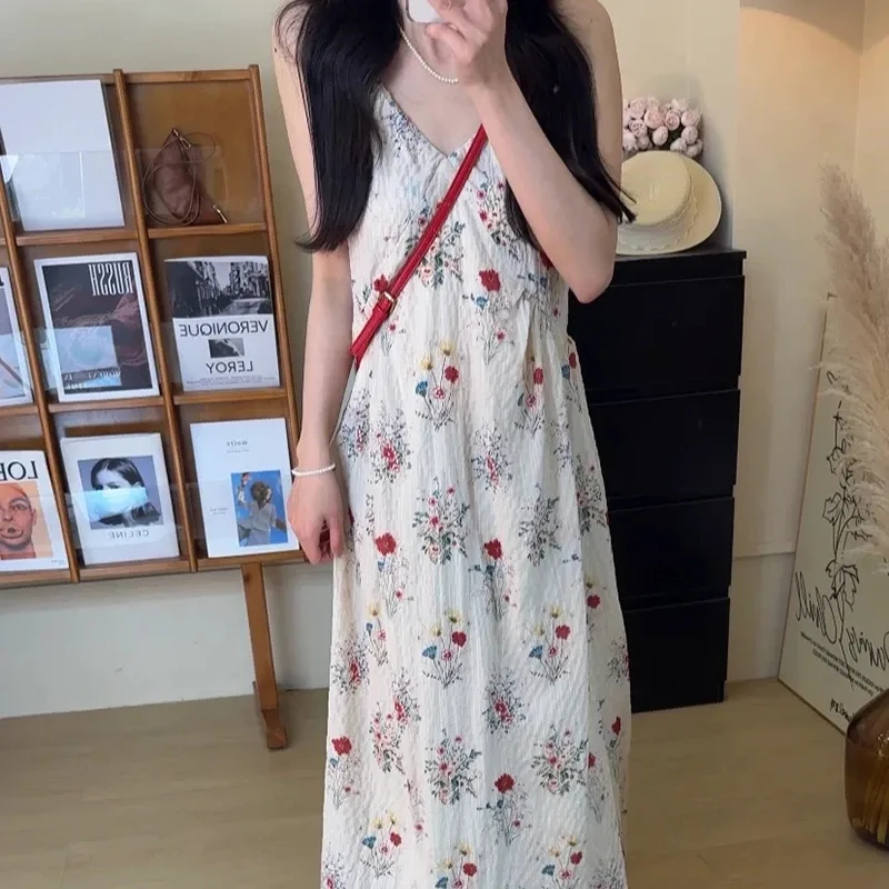 Abito con camicette stampato Harajuku Abito da donna vintage moda senza maniche con scollo a V Vacanza estiva Festa coreana Una linea di abiti lunghi