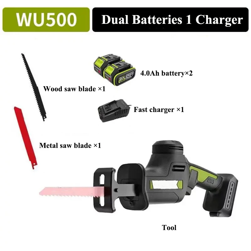WU500 Cordless Reciprocating Saw 20V Brushless Recip Saw 3000rpm Sabre Saw for Wood Steel Cutting