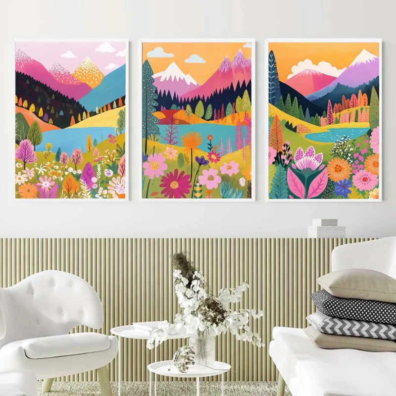 نابضة بالحياة شرفة فناء بحيرة الأزهار عرض المشارك الملونة طبيعة المشهد قماش اللوحة بوهو جدار الفن لغرفة المعيشة ديكور المنزل #2