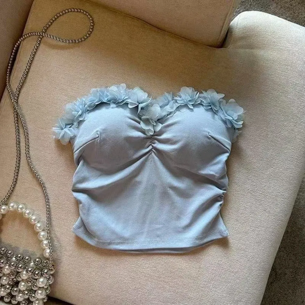 

Socialite Style 3D Flower Camisole 3D Flower Decoration Slim Fit Tanks Korean Style Corset Versatile Wrap The Chest