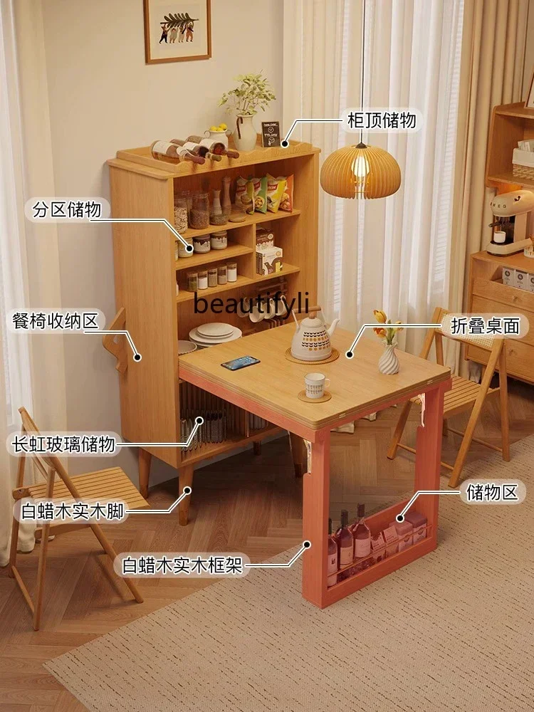 

Folding Dining Table Sideboard Cabinet Integrated Small Apartment Home Retractable Log Style Solid Wood Dining Tables and Ch