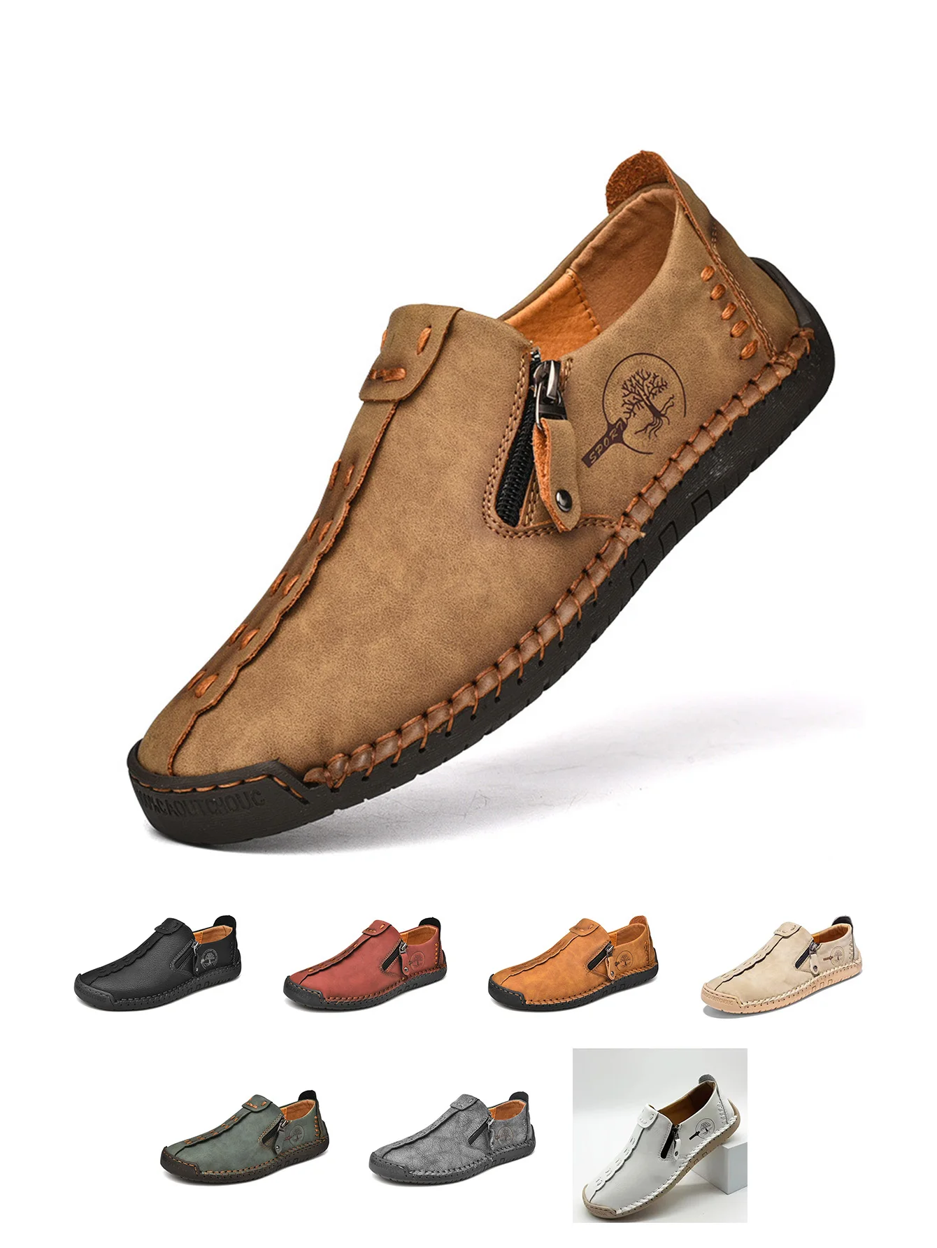 

Мужские винтажные лоферы ручной работы, стильная повседневная обувь с боковой молнией, всесезонная повседневная обувь на плоской подошве, удобная мужская обувь большого размера