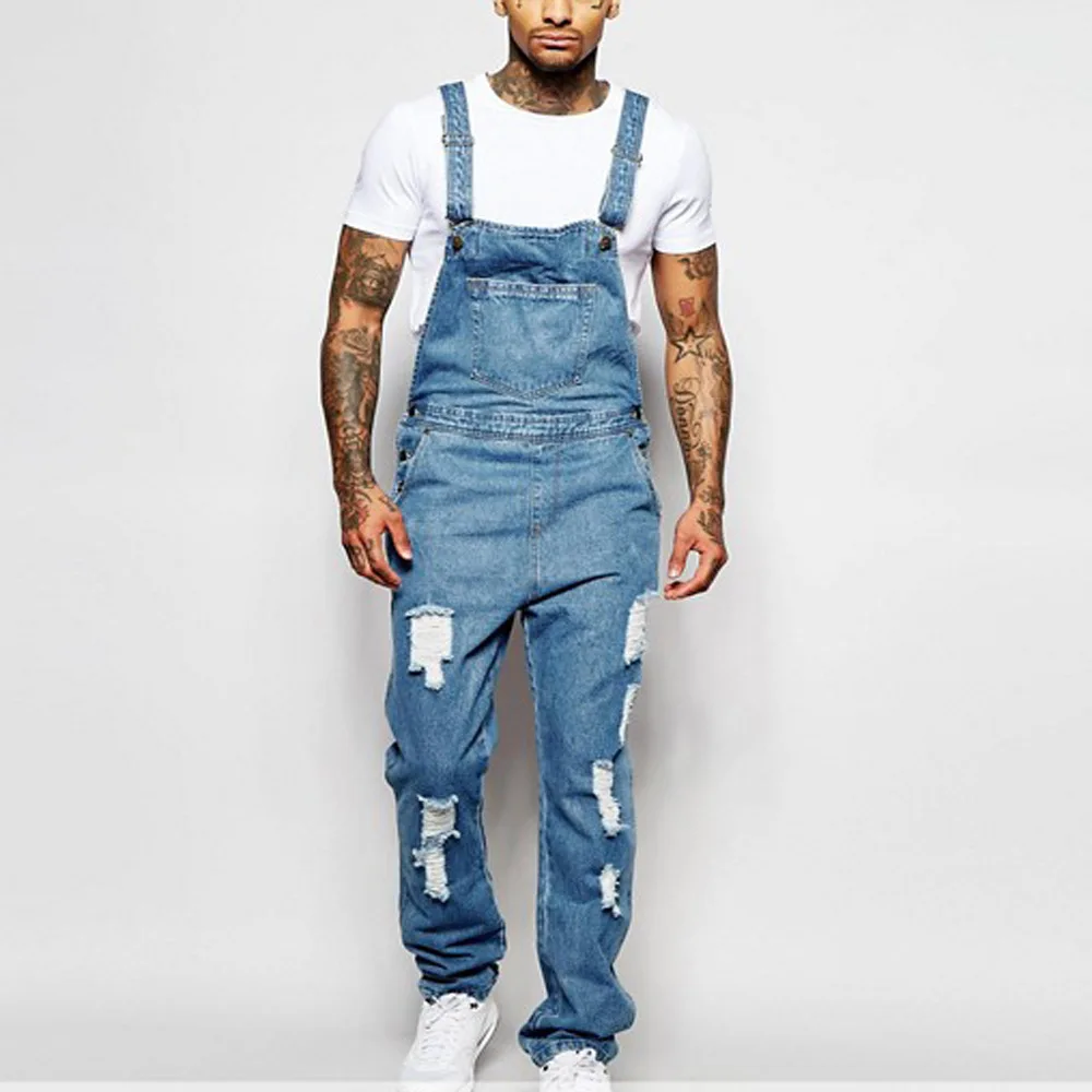 Overall Denim Robek Pria Celana Suspender Panjang Penuh Mode Jeans Homme Jumpsuit Jalan Tinggi Celana Kasual Tertekan