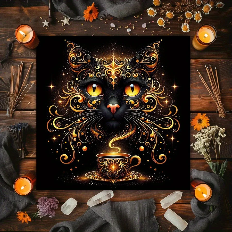 1pc Mystic Cat Tablecloth, Botanical Tarot Altar Cloth, Witch Altar Decor, Cottage‑core Style, Card & Rune Game Mat