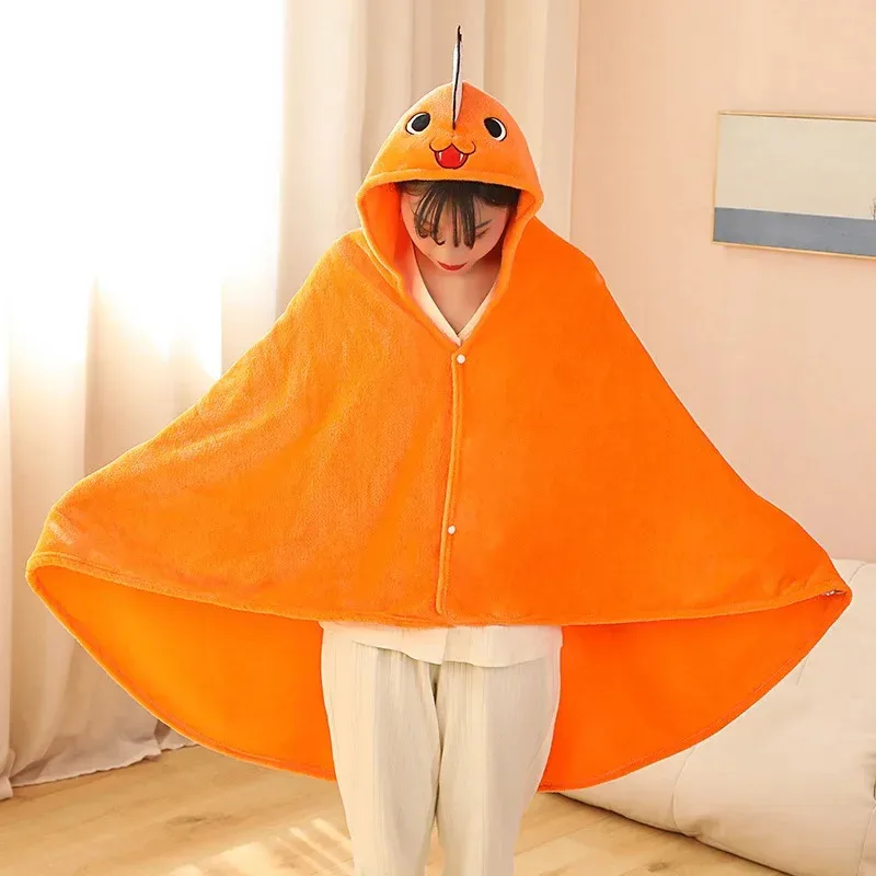 Anime Chainsaw Man Blanket Pochita Denji Makima Cosplay Flannel Blanket Hooded Cloak Cape Cute Anime Blanket Hayakawa Aki Kids