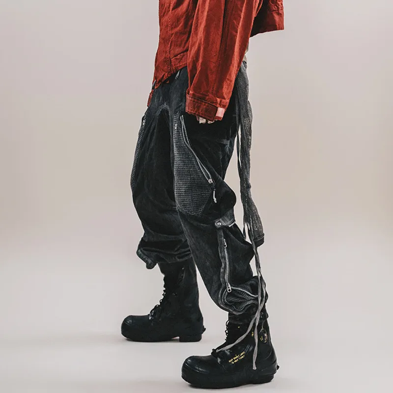 HKSH Spring Autumn New Men's Tide Chic Punk Three-Dimensional Patchwork Zipper Cargo Pants Adjustable Leg Length Washed HK28572