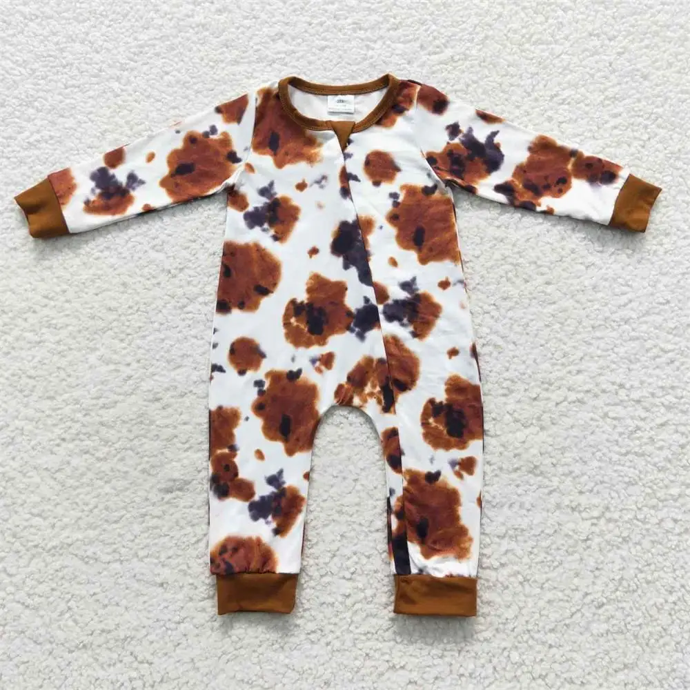 

Toddler Western Baby Boy Zipper Long Sleeves Romper Kid One-piece Newborn Coverall Bodysuit Snap Botton Brown Cow Print Jumpsuit