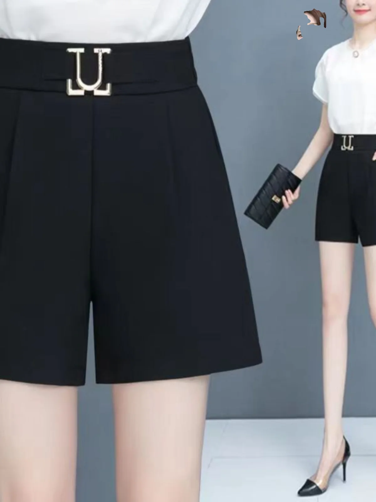 Summer Ice Silk Loose Women's Shorts High Waist Casual Wide Leg Black Five-Point Pants Outerwear Stylish Slimming Effect