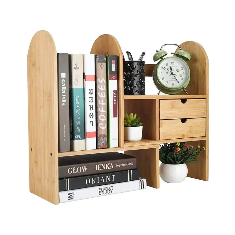 Bamboo Desktop Bookshelf Countertop Bookcase Adjustable with 2 Drawer Desk Storage Organizer Display Shelf Bamboo Storage